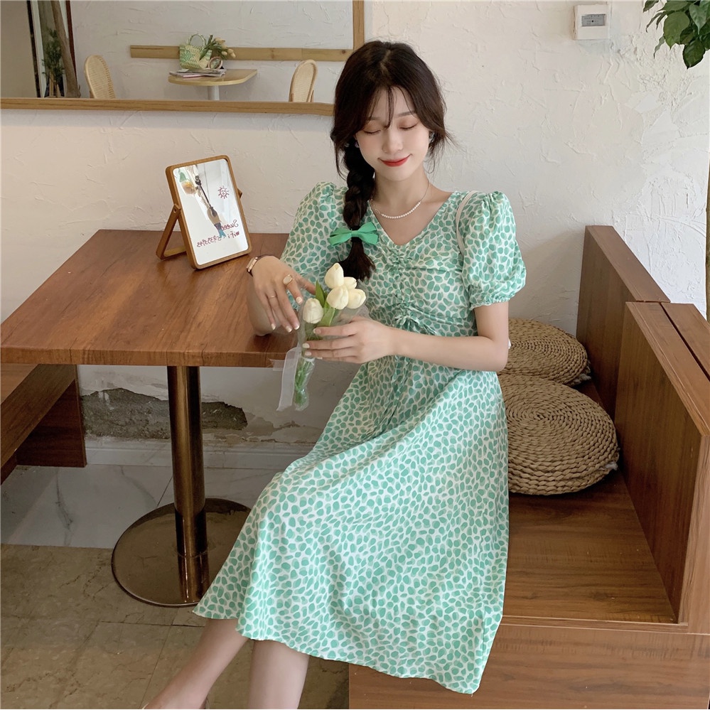 pakaian wanita korea COD Fashion New 2022 daster kerut dada Korean Style dress Blue Green Floral Lace-up Waist Short Sleeve Drawstring V Neck Midi dress biru for Women Summer A-Line tunik Casual Dresses biru  dress wanita 2023 korea