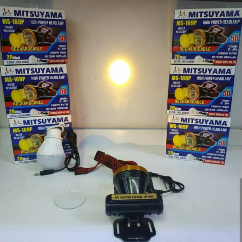 HIGH POWER HEADLAMP MITSUYAMA MS 169P / Senter Kepala LED 20Watt Extra Lensa Kuning Rechargeable