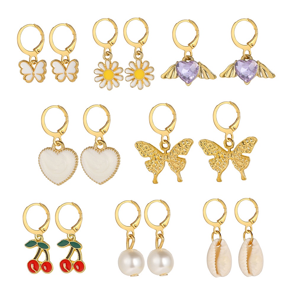 9 Pasang Anting Tusuk Gantung Wanita Model retro Butterfly + Bunga + Rumbai Mutiara