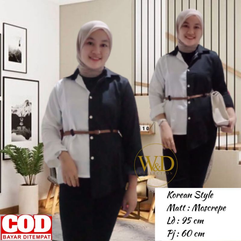 BLOUSE LOVELY TOP ATASAN KEMEJA WANITA POLOS KOMBINASI 2 WARNA CASUAL KOREA LENGAN PANJANG MOSCREPE FREE IKAT PINGGANG-Hitam
