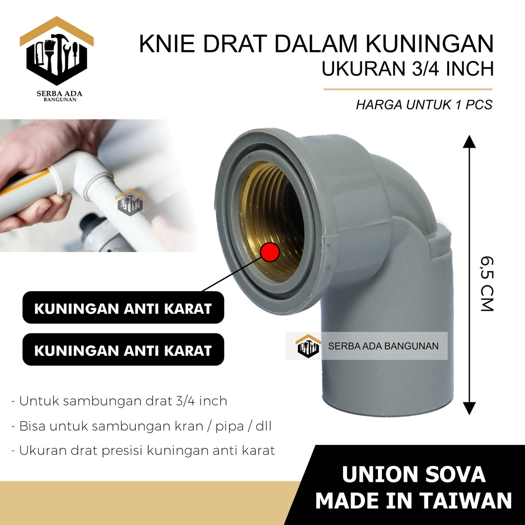 Knee Drat Dalam (KDD) Kuningan 1/2 inch / Elbow Pipa / Union Kualitas Bagus