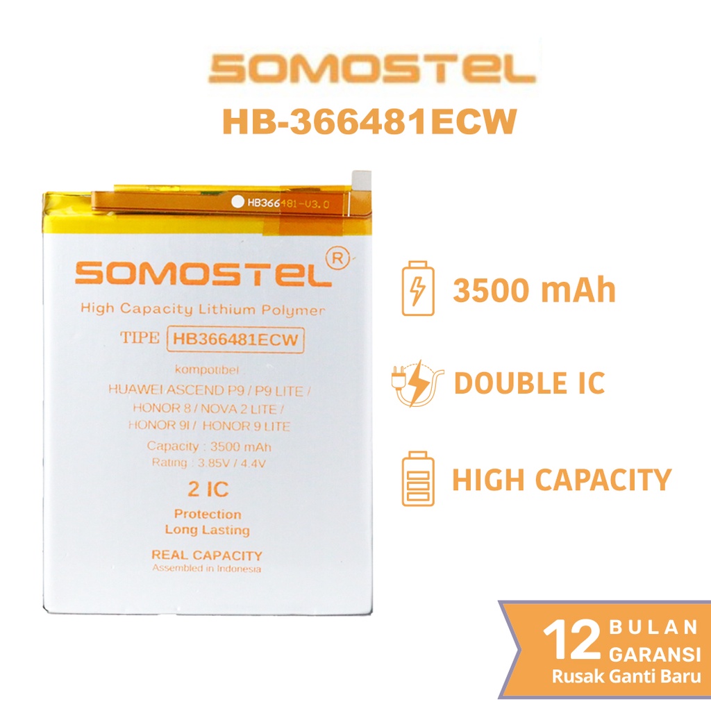 Somostel - HB366481ECW Huawei Ascend P9 / P9 Lite / Honor 8 / Nova 2 Lite / Honor 9I / Honor 9 Lite / Honor 7A Batre Batrai Baterai