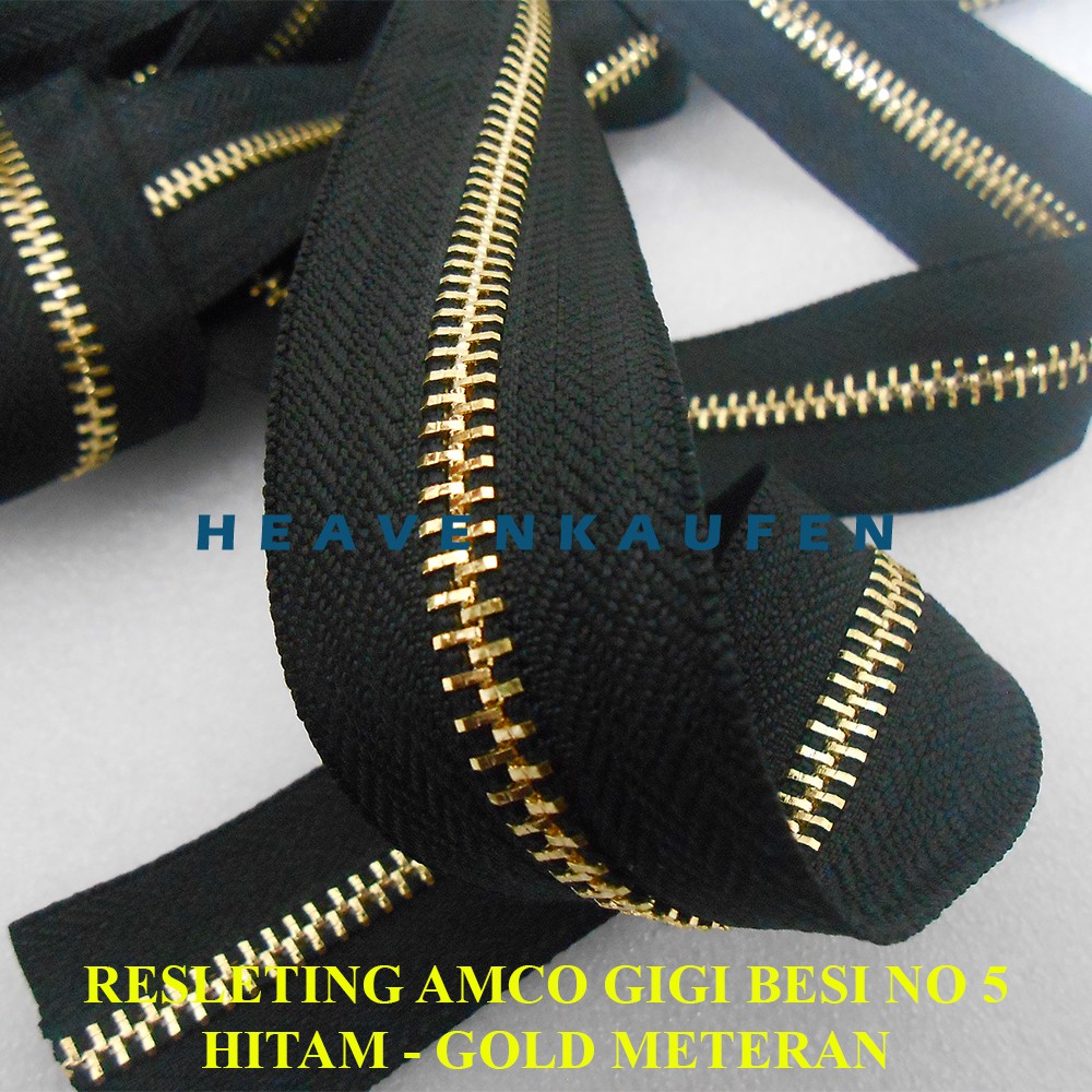 Resleting Zipper Amco Type Gigi Besi No 5 Hitam - Gold Emas Harga Per Meter