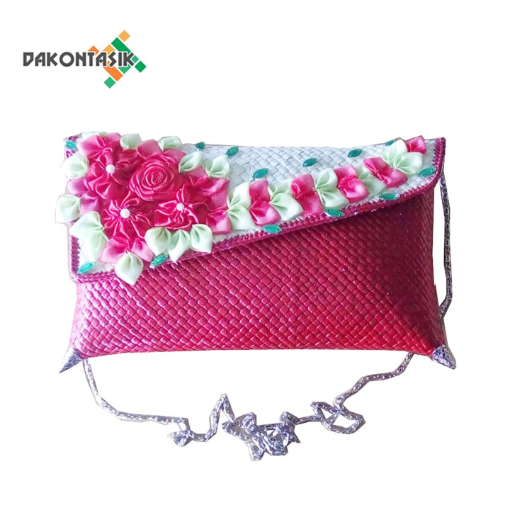 Clutch Pesta Miring Pandan 28x17cm Size Kecil Bunga Organdi