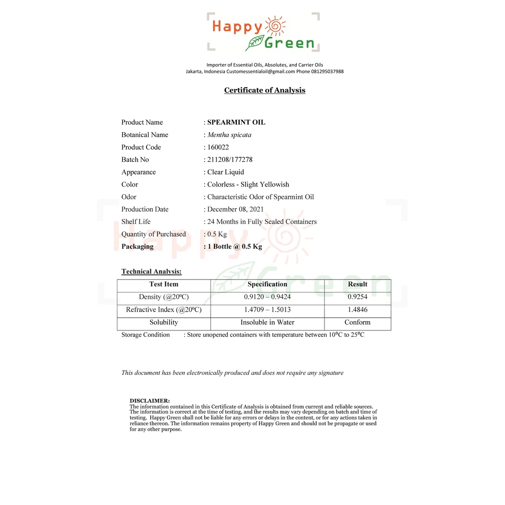 BPOM Happy Green Spearmint Essential Oil - Minyak Essensial Spermint Murni Garansi Uang Kembali