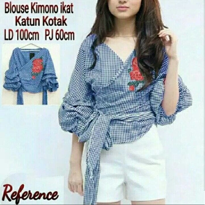 baju muslim wanita atasan blouse blus kemeja hem tunik kimono ikat xl - Biru Muda