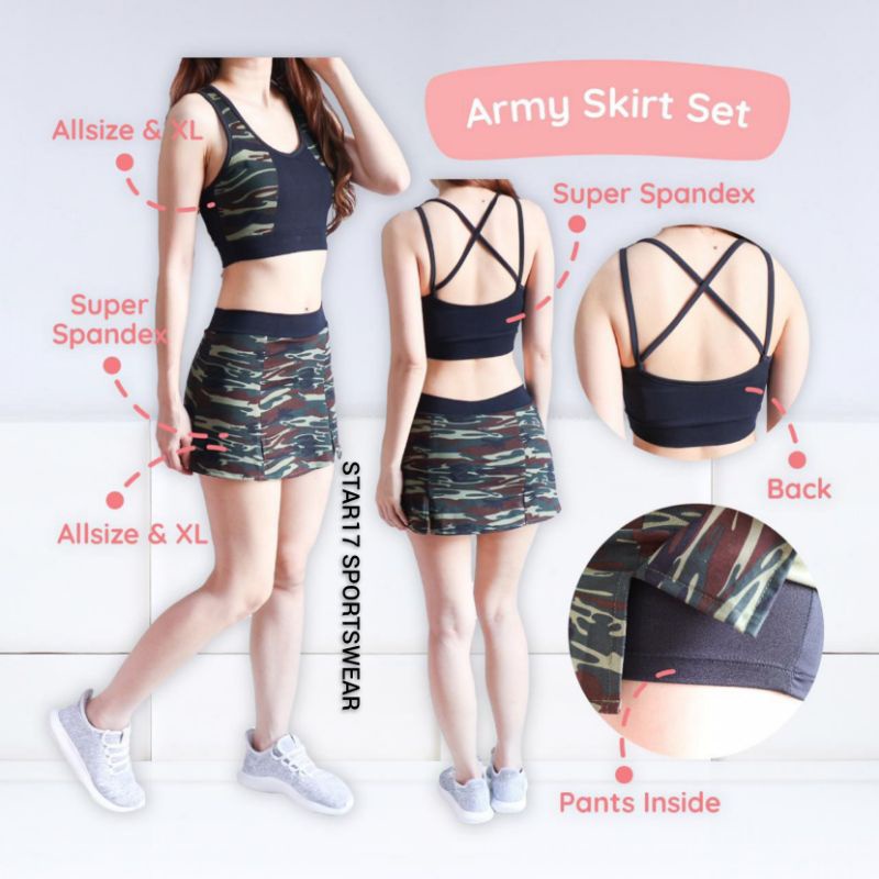 ARMY SKIRT SET - BAJU SENAM - BAJU OLAHRAGA WANITA - BAJU ZUMBA - BAJU AEROBIC - TANKTOP SENAM