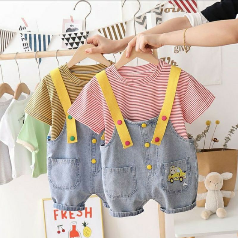 BAJU KODOK ANAK IMPORT/SETELAN 2 IN 1 OVERALL + KAOS/SETCEL OVERALL JEANS ANAK LAKI LAKI IMPORT 1-4 