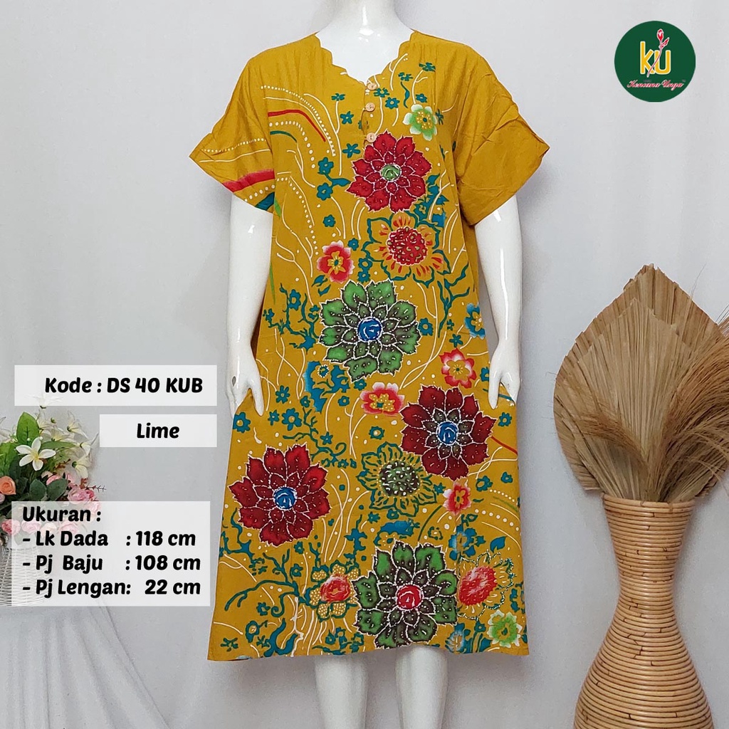 COD DS40 KUB | Daster Batik Kencana Ungu Asli Label Biru Ukuran Jumbo | Baju Santai Tidur Wanita Dewasa Kancing Depan Busui Friendly Motif Terbaru-Lime C