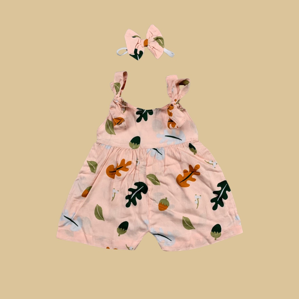 6-18 BLN JUMPSUIT BAYI TALI CHIKA BAJU BAYI PREREMPUAN FREE HEADBAND by BAJUANAKKANAYA-Peach leaf peanut