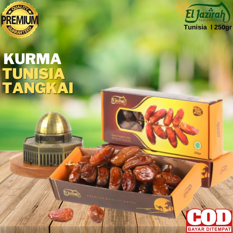 

Kurma Tunisia Tangkai Premium Eljazirah Kemasan Box 250 Gram Coklat Tekstur Kering Segar Murah