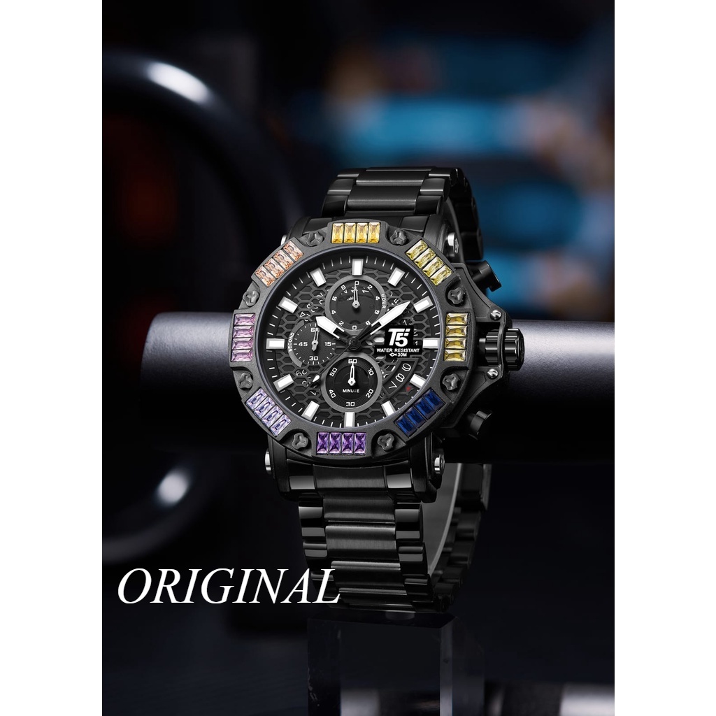 Jam tangan pria T5 H 3884 Original Cronograph strap Rantai T5 H3884G witch colorfull gemstone