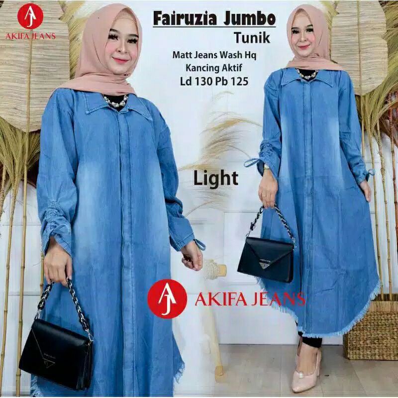 Fairuzia Jumbo Tunik Long Tunic Light Jeans HQ LD 130 Busui fit XXXXL Kancing Aktif By Akifa