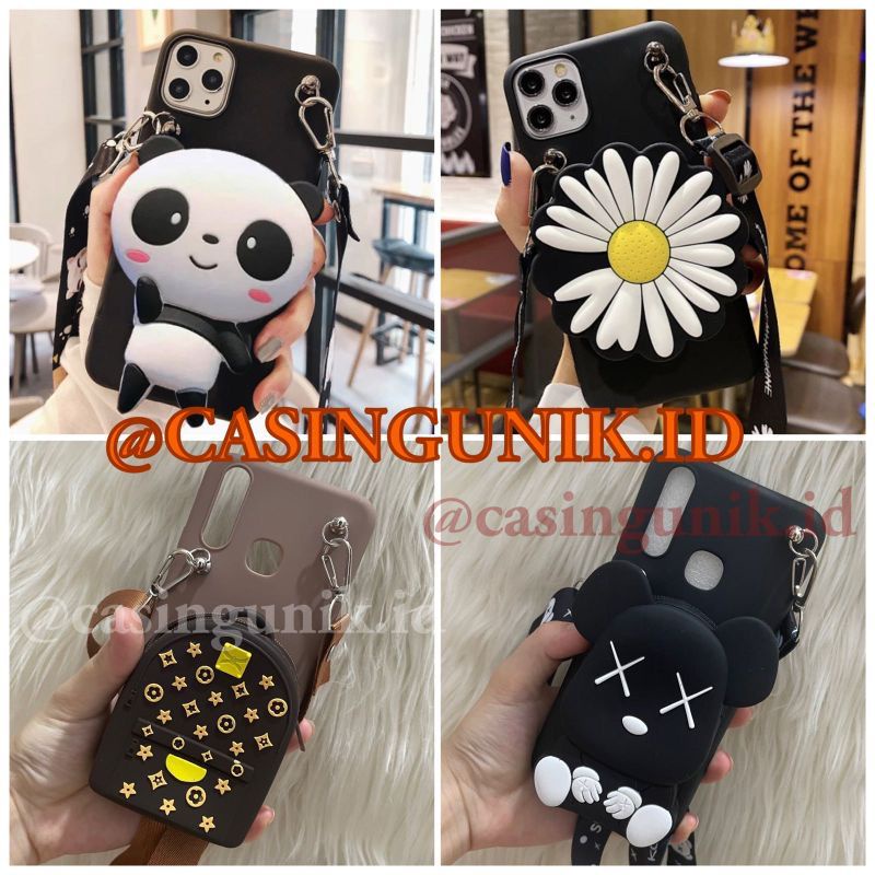 OPPO A57 2022/ A77S/ RENO 4F/ F17 PRO/ A16K/ A16E/ SOFT CASE TAS DOMPET KOIN/ COIN + GANTUNGAN TALI HP SELEMPANG/ SILIKON BONEKA PANDA / BUNGA PEACE/ DAISY/ CASING SILICON BAG