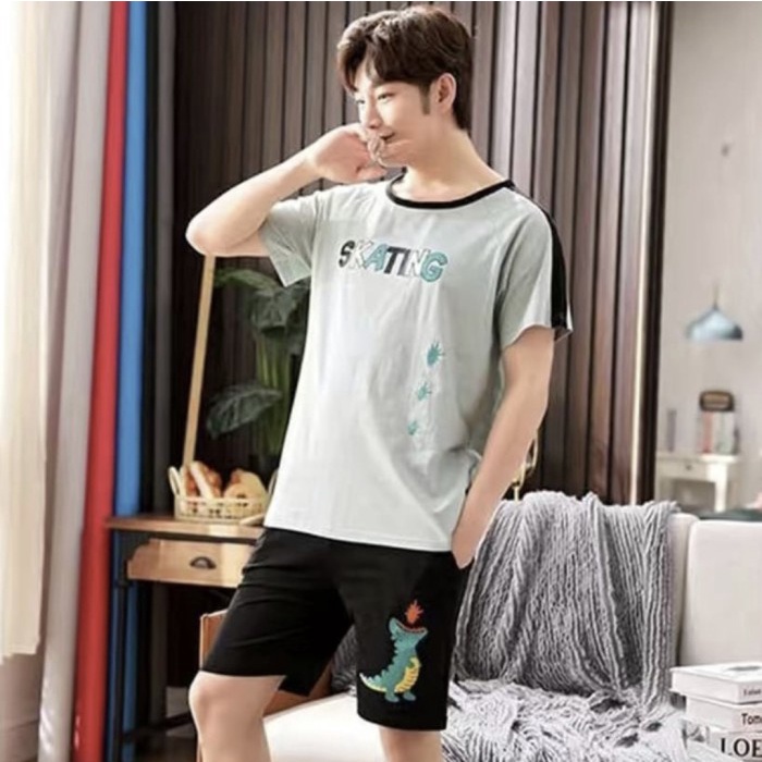 Pria-Tidur-Baju- Piyama Cowok Kaos Katun Baju Tidur Pria Set Celana Pendek 5Xl Big - 1, M -Baju-
