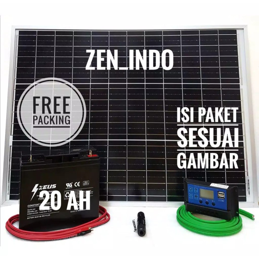 Paket Solar Panel Surya 50WP  termasuk Aki 12V 20AH free packing kayu