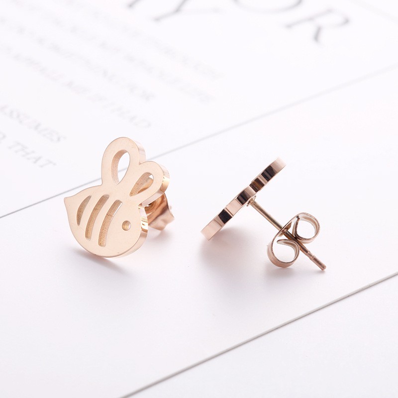 Anting Titanium Rose Gold Asli Wanita Fashion Anti Karat Murah AA041 motif lebah lucu