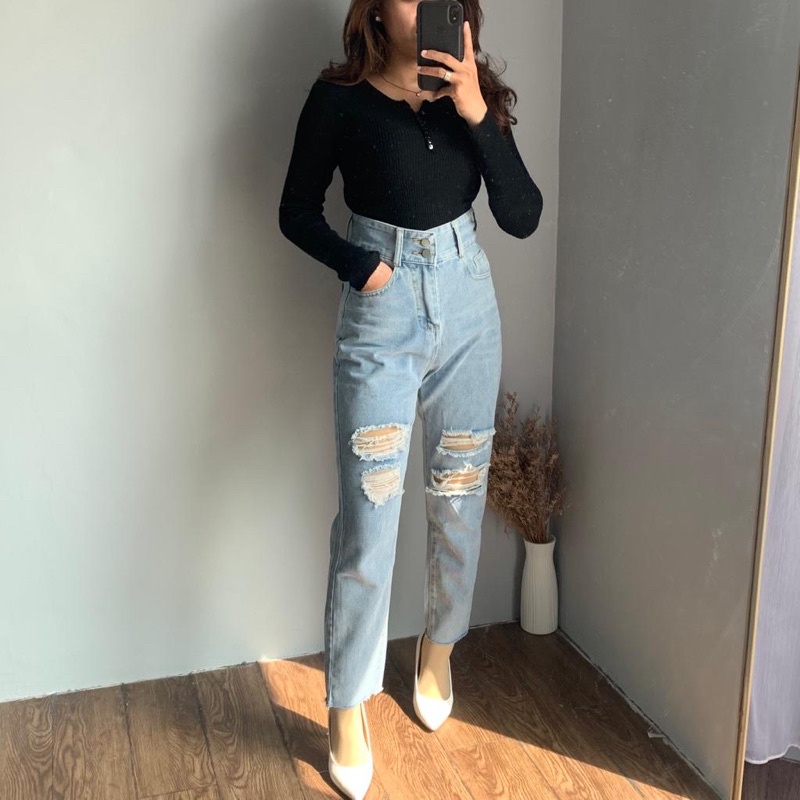 [LUXE.DLABE] - D69 Jeans | Celanja Panjang Highwaist wanita import High Waist Ripped jeans Baggy Jeans Boyfriend Wideleg Kulot Jeans Import