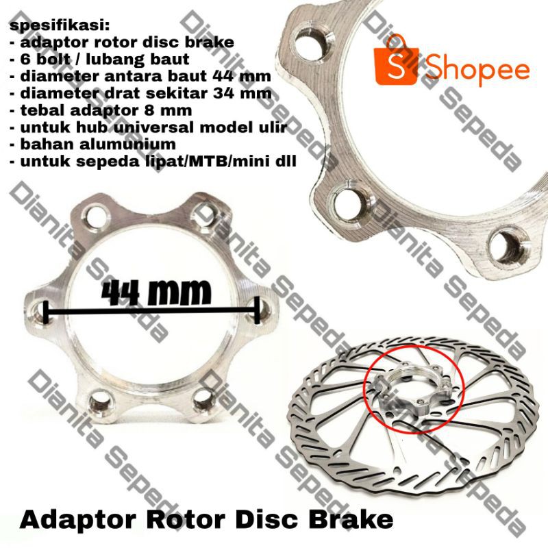 adaptor sambungan piringan cakram rotor disc brake hub ulir 44 mm alumunium sepeda lipat mtb 6 bolt