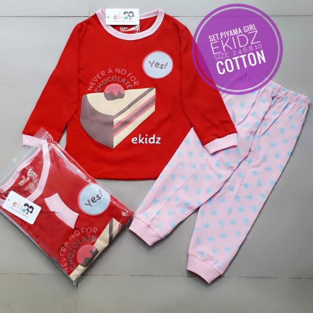 Ekidz Piyama Anak Perempuan Setelan Baju Tidur Cewek Merah Cake Coklat