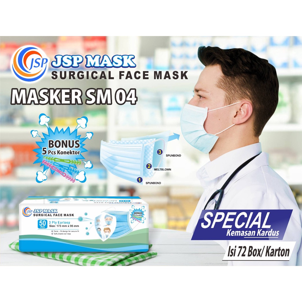 (BISA COD) Masker 3PLY isi 50 PC FREE 5 KONEKTOR  masker medis KEMENKES surgical JSP mask SM04