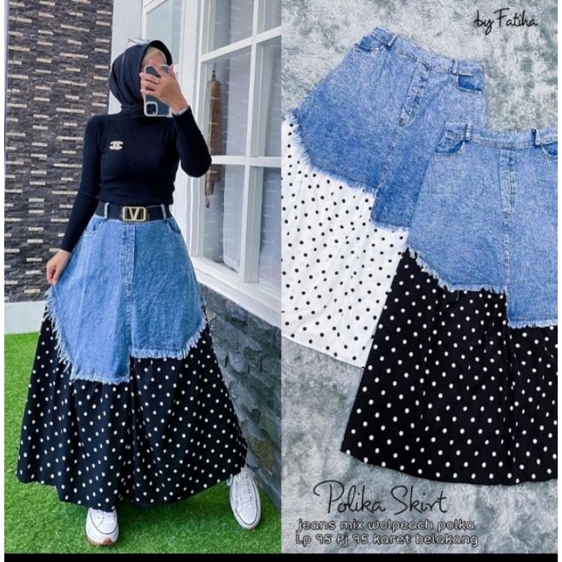 rok jeans import panjang wanita/rok jeans snow/rok jeans Kombi polkadot-1
