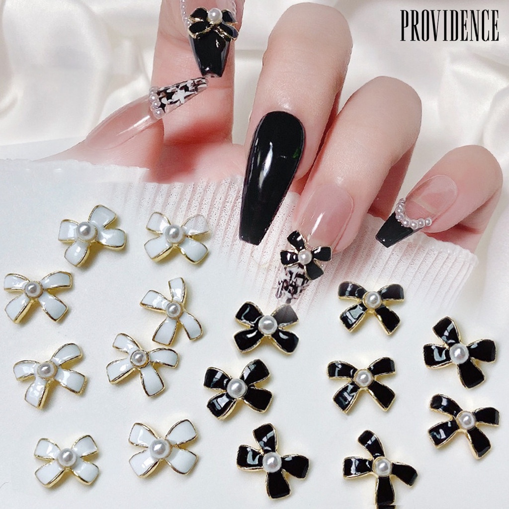 Providence 5Pcs / Set Kuku Palsu Motif Pita + Mutiara Imitasi Untuk Nail Art / Manicure DIY