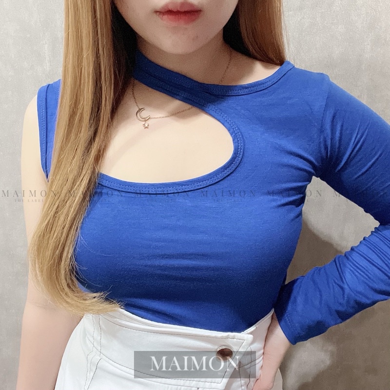 Long Sleeve Asymmetric Cut Out One Shoulder Top | Atasan Wanita Satu Lengan Panjang Korean Fashion | Maimon Grosir