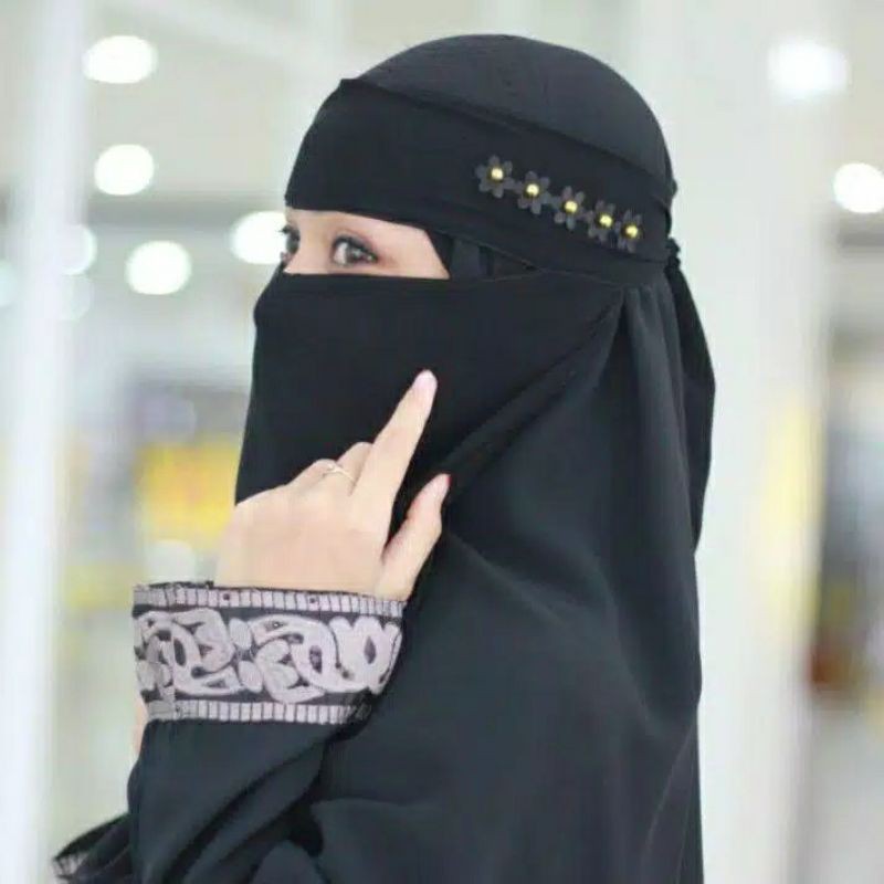 Niqab Bandana Bunga Mutiara Gold Niqob Sifon Murah