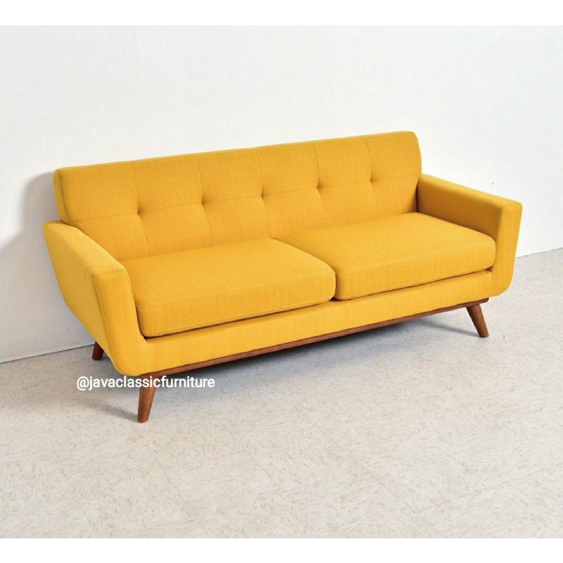 SOFA TV RETRO MINIMALIS SCANDINAVIA 2 SEATER KURSI SOFA BED RUANG TAMU KELUARGA VINTAGE DUDUKAN BUSA KAIN BLUDRU RANGKA JATI-1