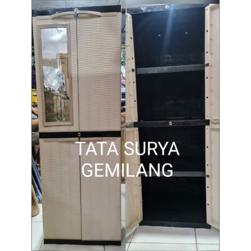Lemari pakaian, baju, serbaguna plastik Aquose mini pintu rotan susun 4 kaca panjang Aquose Mini tipe MIZU-2