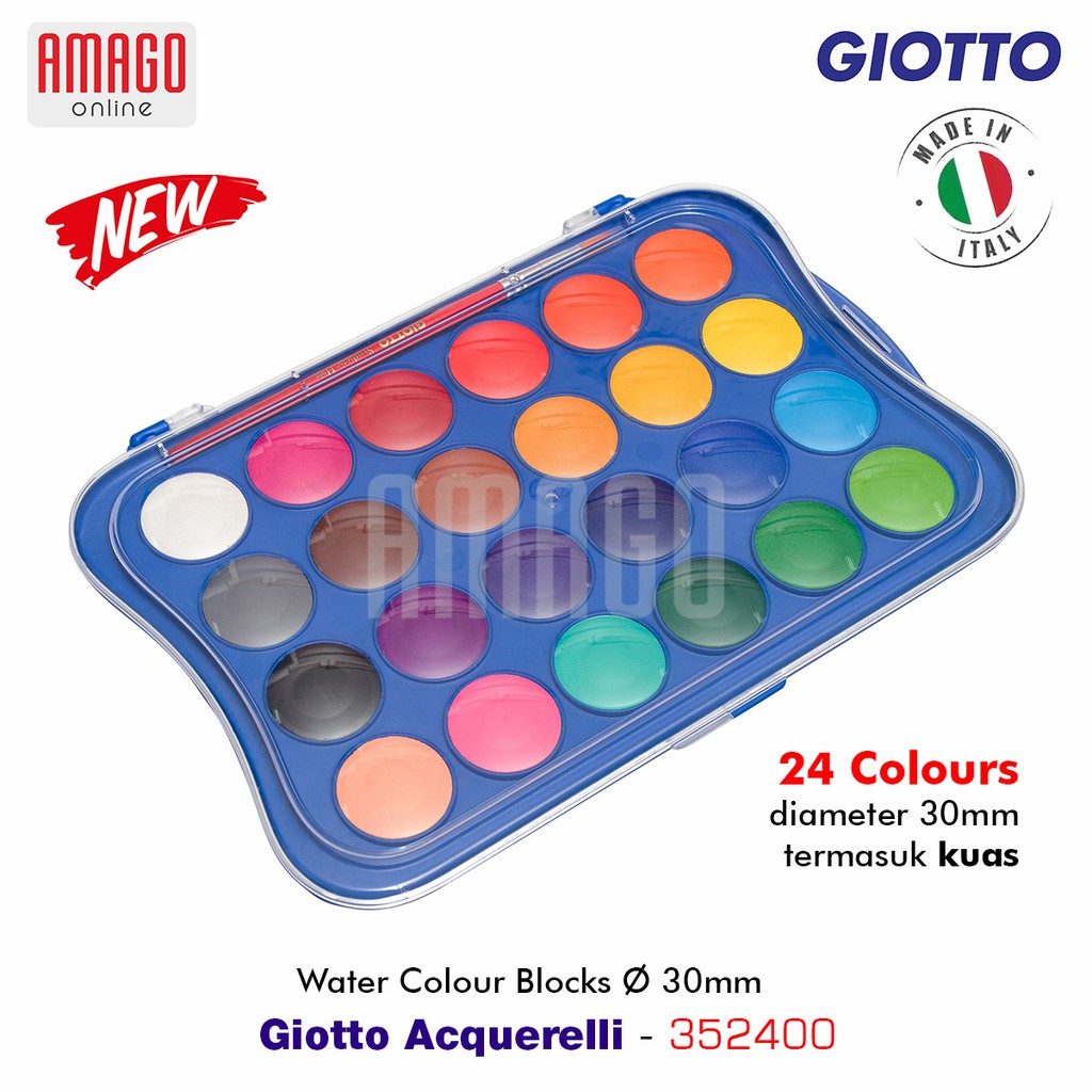 GIOTTO Acquerelli - Watercolour Blocks Free Brush Blok Cat Air Poster - Paket 24 warna - Ø 30 mm - 352400 + Bonus Kuas