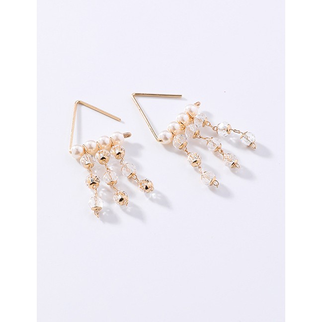 LRC Anting Tusuk Fashion Gold Triangle Pearl Crystal Beaded Tassel Stud Earrings F54365