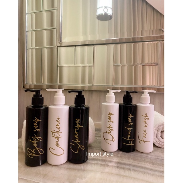 botol 250ml LONG , HITAM PUTIH  stiker GOLD NEW . aesthetic bottle refill tempat sabun cair pump estetik luxury look .