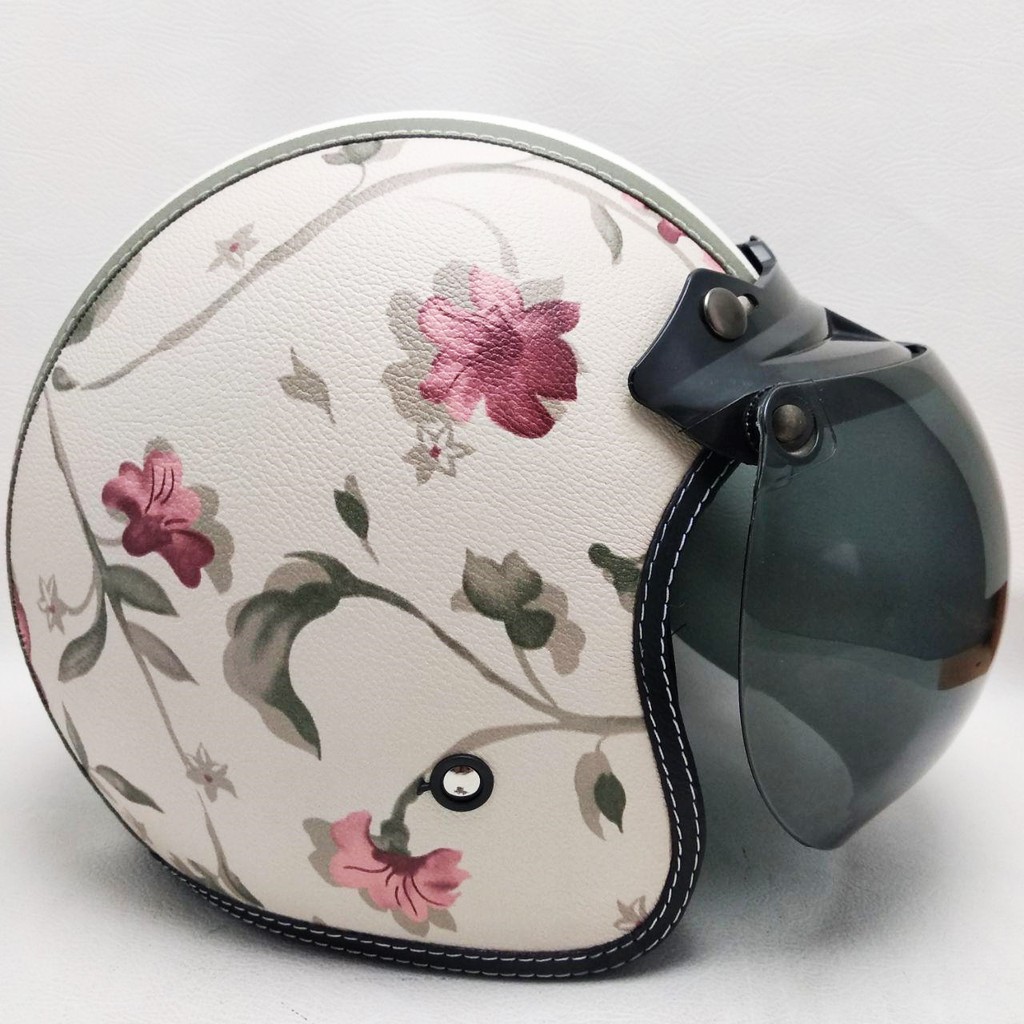 HELM BOGO RETRO KULIT Motif Bunga Krem SNI Berkualitas