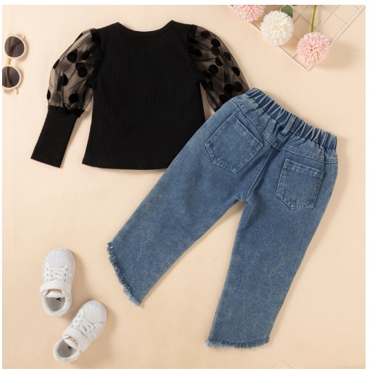 SETELAN ANAK LENGAN PANJANG POLKADOT HITAM RAJUT 90-140 BAHAN BAGUS IMPORT