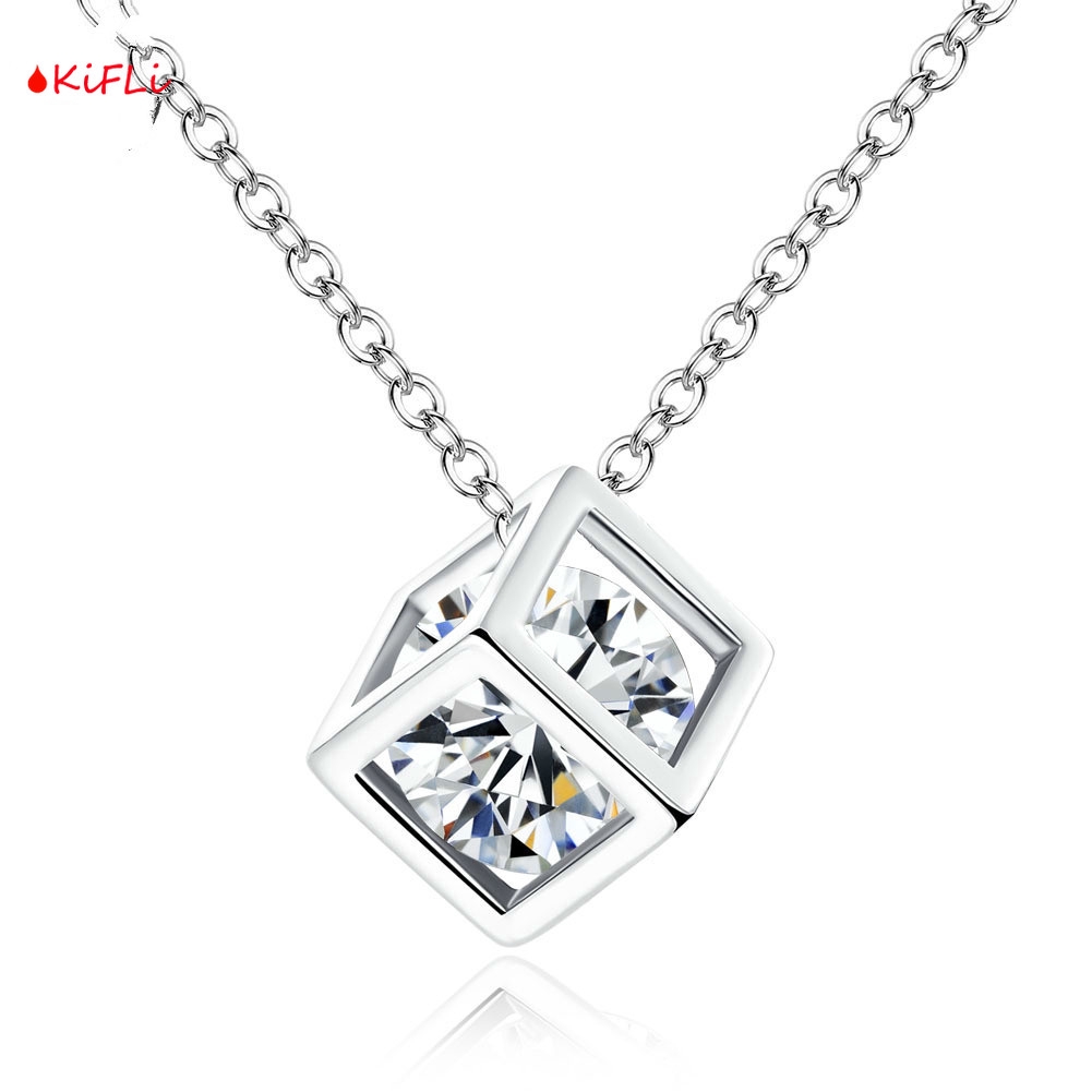 Kalung Alloy Anti Karat,Crystal Rantai dengan Liontin,Batu Zircon Bentuk Kotak,untuk Wanita