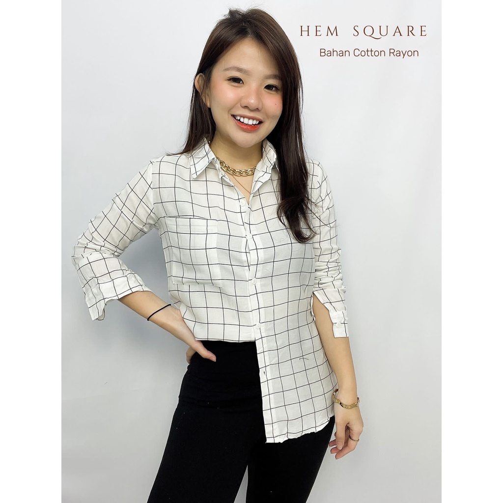 HOPYLOVY - Kemeja Wanita Basic Hem Square