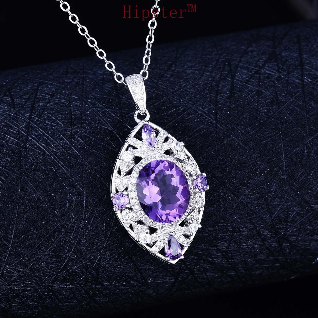 925 Silver Natural Amethyst Pendant 18K Platinum Necklace for Women