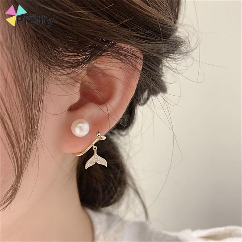 Pearl Fishtail Back Hanging Earrings Wanita High-end Cahaya Mewah Penuh Berlian Anting Geometris - PD