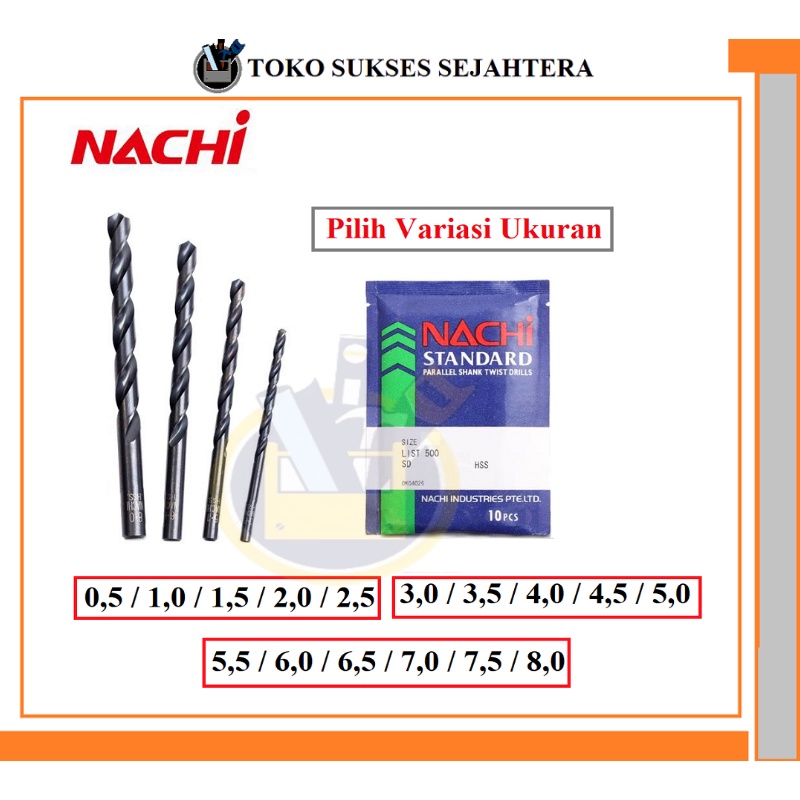 NACHI Mata Bor besi / Kayu / Alumunium Nachi 0.5  1  1.5  2  2.5  3  3.5  4  4.5  5  5.5  6  6.5  7  7.5  8 mm Hss Straight Shank Drill Bit