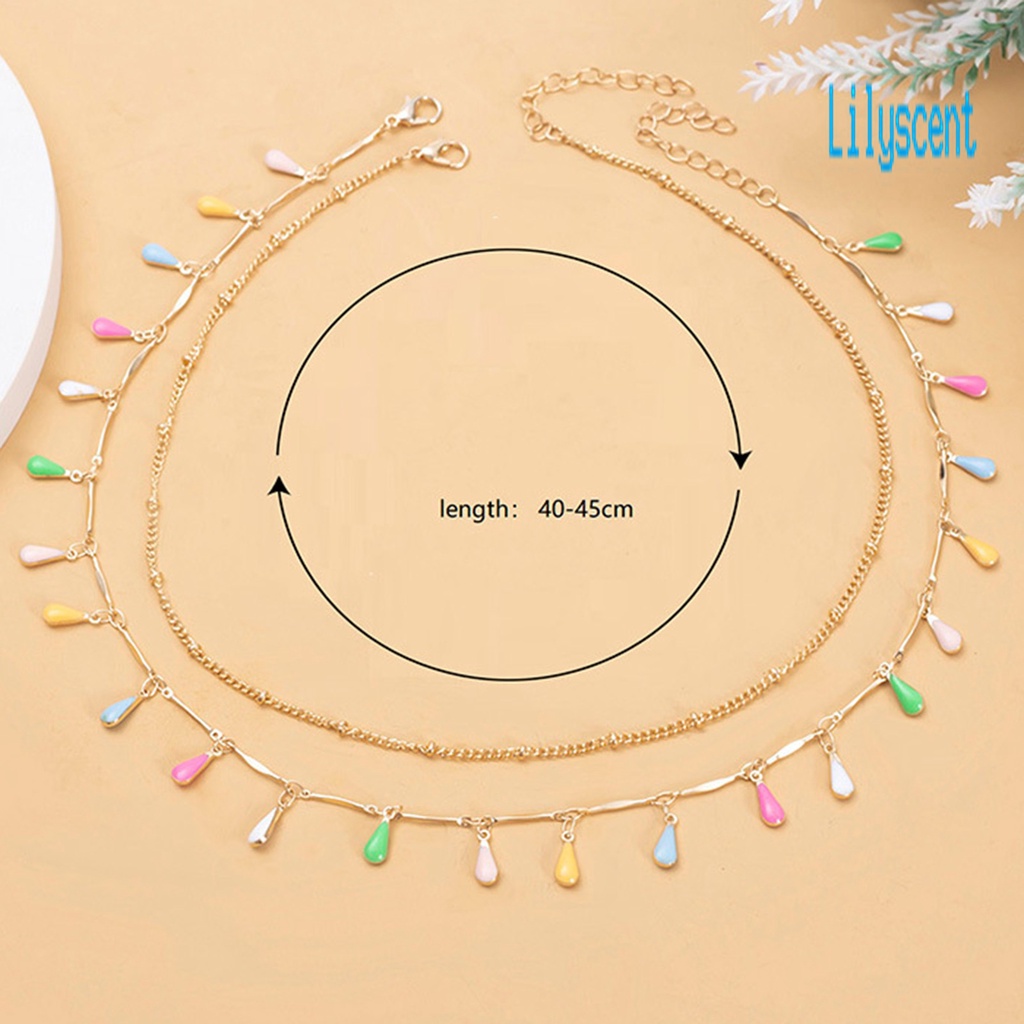 2pcs / Set Kalung Rantai Dengan Liontin Bentuk Tetesan Air Hollow Out Warna-Warni Untuk Wanita