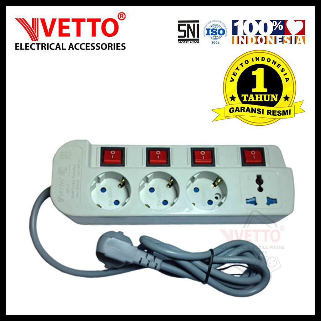 Stop Kontak VETTO MS-4 MS4 4 Lubang 3 Meter Multi Socket (Colokan 4 Lubang)