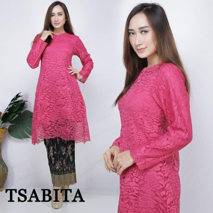 kebaya modern setelan brokat tunik pink fanta dan gold