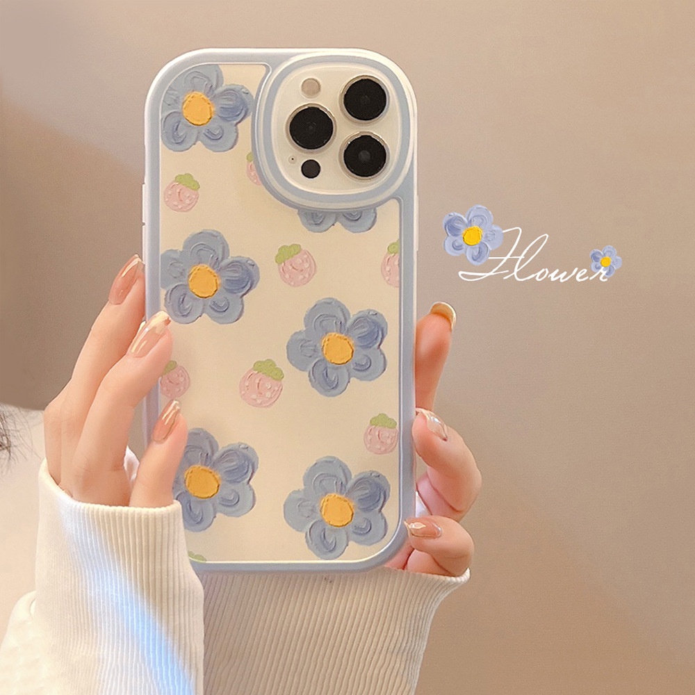 Soft Case Pelindung Motif Bunga Strawberry Biru Muda Untuk Iphone 7 8 PLUS X XR XS 11 12 13 MINI PRO MAX SE 2020