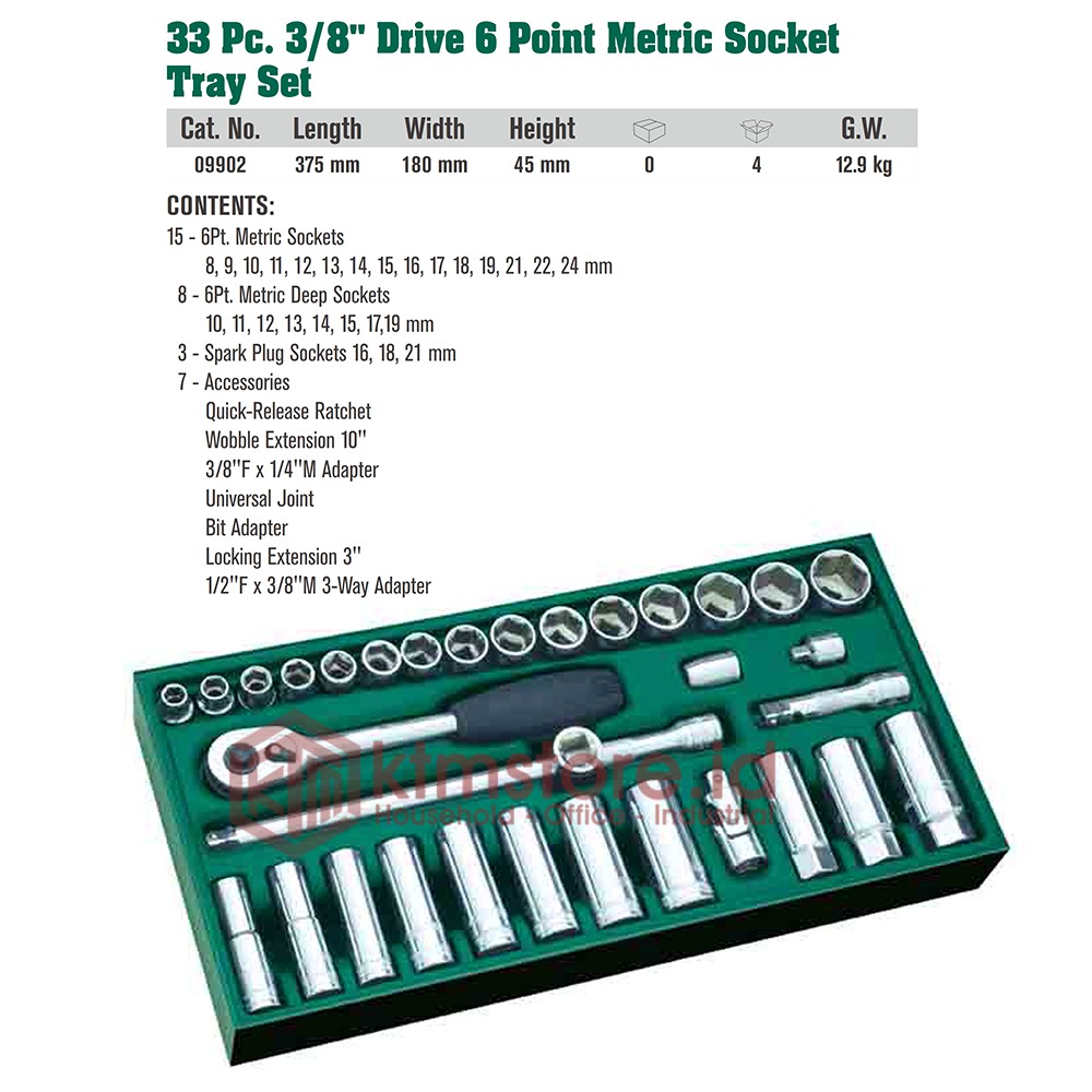 SATA Kunci Socket Set 33 pcs 3/8 INCH Metric 6pt Tray Set 09902