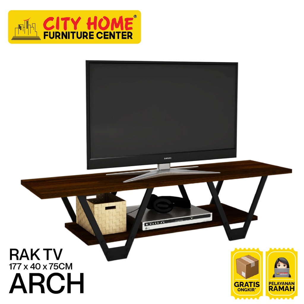 ARCH Rak TV Industrial Kayu Natural Logam Hitam | City Home Cikarang