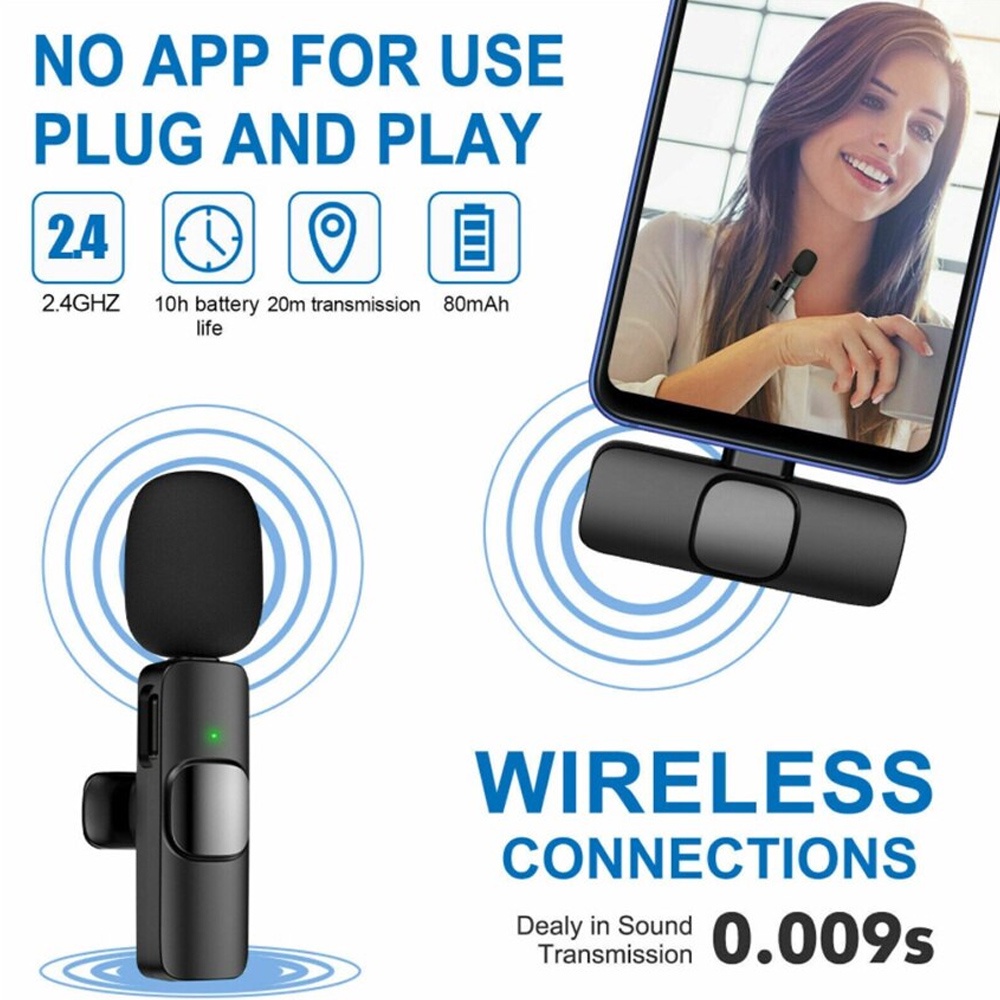Microphone Wireless Mikropon Bluetooth Clip On HP Vlog Microfon Youtuber Recording Portable Mic for iPhone Lighting and Android Type C Smartphone Condenser