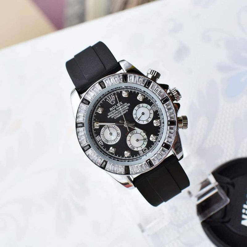 Jam R0L*EX tali karet Unisex dengan buckle pengait model rantai + free gelang (model random)