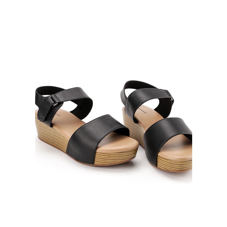 SANDAL WEDGES KULIT OBERMAIN WANITA ORIGINAL ASLI TERBARU HITAM OW19